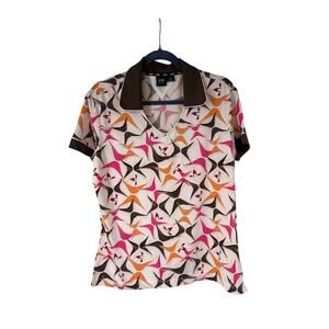 Nivo By Lanctot Women's Golf Top XL V Neck Collared Brown Retro Mod Print